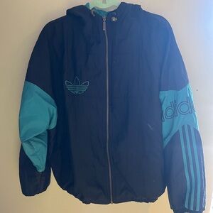 Adidas Black and Blue Puffer Jacket with Iconic Stripes